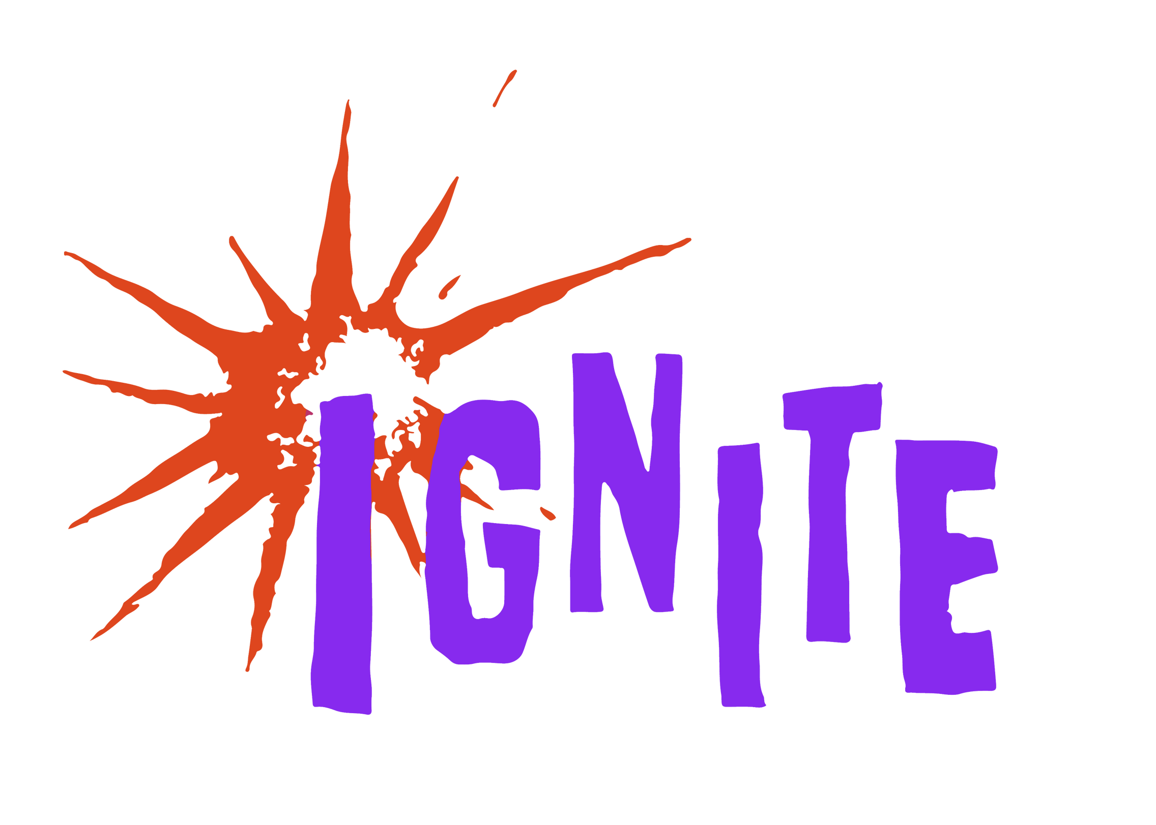 Bright purple blocky text that reads Ignite, with a red spark shape behind the I.