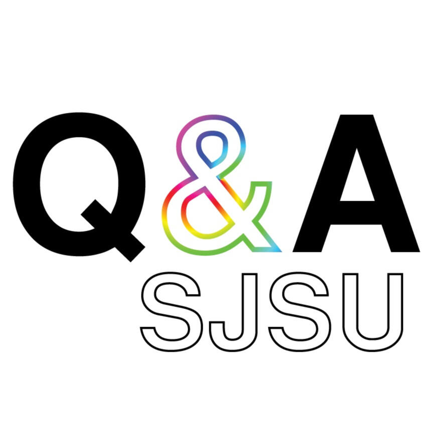 Q&A SJSU Logo with bold font reads Q&A SJSU, the ampersand is rainbow and the other letters are black