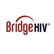 Bridge HIV Logo with red and black serif text reads bridge hiv, with a red arch above the two words connecting them