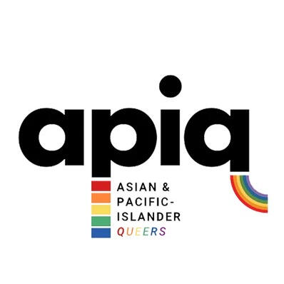Apiq logo logo with bold black test and rainbow p and q letters reads apiq, asian & pacific islander queers
